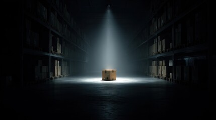 Empty warehouse, spotlight on box