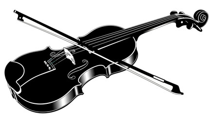 Obraz premium A black and white illustration of a violin with its bow, angled diagonally.