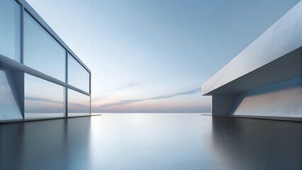 Minimalist Architectural Scene with Reflective Surface, Glass Railing, and Geometric Structure at Sunset