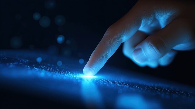 A hand's fingertip touches a glowing, blue interactive surface