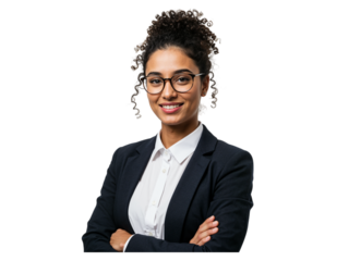 Confident young businesswoman with glasses and arms crossed smiling warmly isolated on transparent background