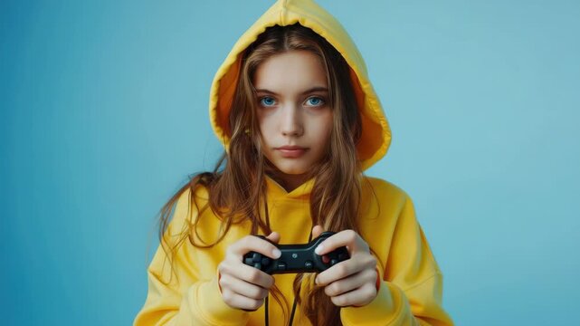 A young girl in a yellow raincoat playing video games with a PlayStation controller.
