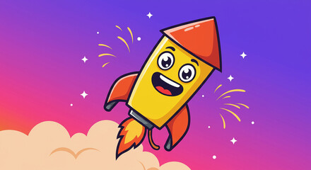 Obraz premium Cheerful Cartoon Rocket Launching Through Starry Gradient Sky with Vapor Trails.