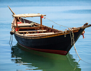 Obraz premium A small Angolan fishing boat tied to the shore with a wooden paddle resting on calm waters.