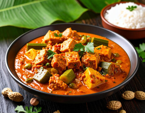 A plate of moamba de galinha served with fufu, okra, and peanuts, decorated with tropical banana leaves.