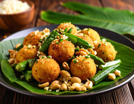 A plate of moamba de galinha served with fufu, okra, and peanuts, decorated with tropical banana leaves.