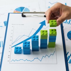 Hand stacking blue and green building blocks on financial graph growth success