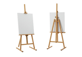 Two wooden easels with blank white canvases, ready for painting, isolated on transparent background