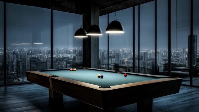 billiard table in the dark room in house with beautiful view of city