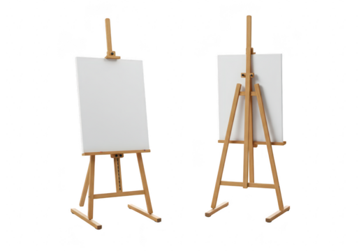 Two wooden easels with blank white canvases, ready for painting, isolated on transparent background