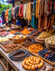 Fototapeta premium A collection of Angolan artisanal jewelry made from natural materials like beads, seeds, and shells, showcasing craft.