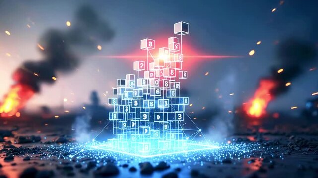Futuristic digital structure emerging from a rocky landscape amidst explosions and smoke in background