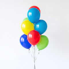 A vibrant and colorful bouquet of helium party balloons floating gracefully on a pristine, shadowless white background.