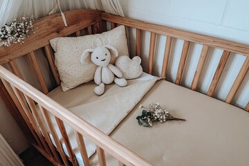 Light-brown crib with beige bedding, stuffed animals, and dried flowers