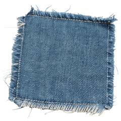 Textured denim patch with frayed edges isolated on a white background for craft and sewing projects