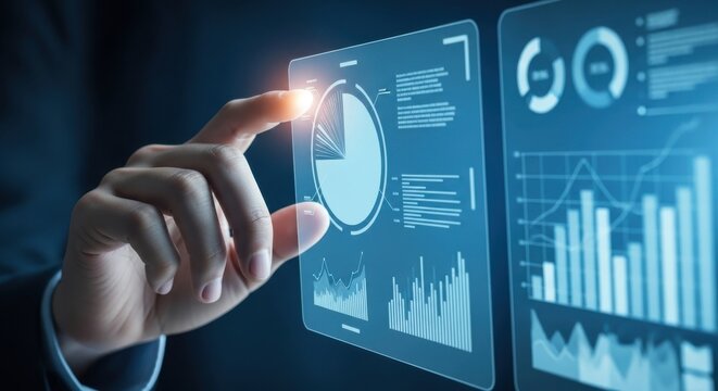 Hand touching futuristic blue screen displaying financial data charts and graphs technology analysis - Powered by Adobe