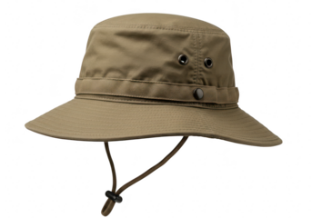 A khaki colored boonie hat with a drawstring and metal eyelets, isolated on a transparent background