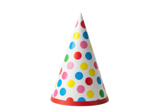A festive polka dot party hat with colorful circles, isolated on a plain transparent background - Powered by Adobe