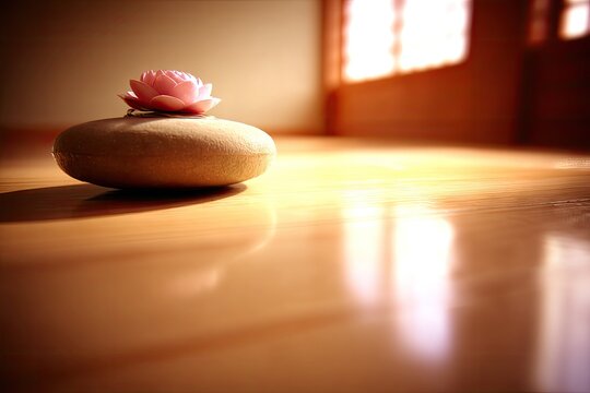 Soft-toned interior scene with a decorative stone and a pink flower on a wooden floor, bathed in warm sunlight