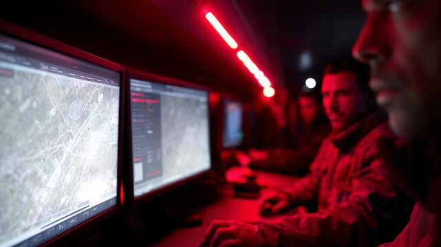 Cyber warfare specialist examines tactical map amid red warning lights focusing on strategic data analysis