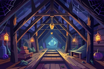 Creepy Attic Cobwebs Mysterious Light vector illustration © Gita's Store