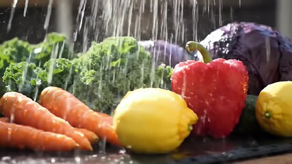 Fresh Organic Vegetables Being Washed In Slow Motion A cinematic closeup of vibrant carrots peppers kale and lemons under a stream of clean water perfect for healthy food content - Powered by Adobe