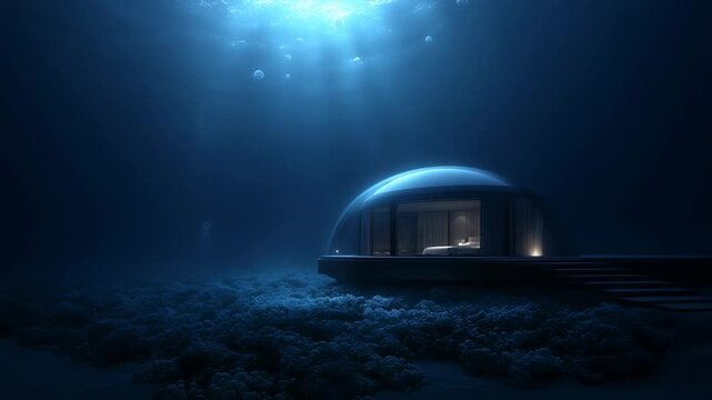 Ethereal underwater building view with slow camera movement showcasing serene ocean surroundings