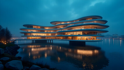Building A futuristic university building floating above water with mirrored glass base and glowing outline at night. (3).jpg