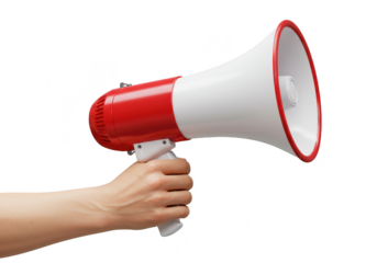 A persons hand holding a red and white megaphone, isolated on a transparent background