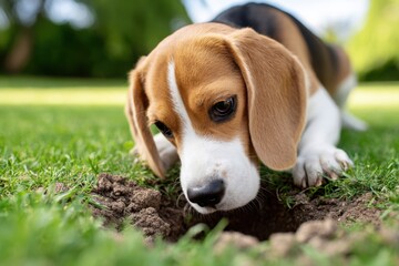A Beagle puppy digs a hole in the grass, sniffing intently, focused on its task in the garden.