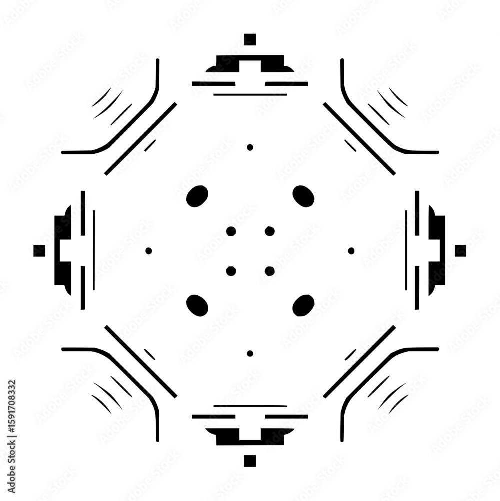Poster abstract symmetrical tech pattern with geometric shapes and circular elements on white background of