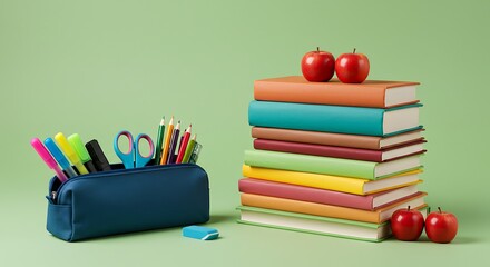 Vibrant Stack of Educational Books Topped with a Fresh Red Apple, Accompanied by School Supplies on a Wooden Desk Against a Soft Green Background, Symbolizing Learning and Knowledge