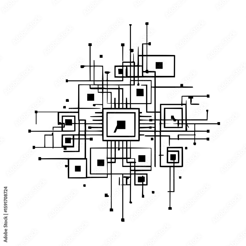 Poster abstract representation of a circuit board with interconnected squares and lines on a white backgrou