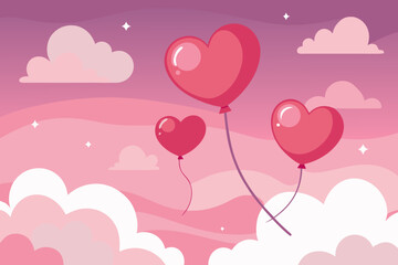 Heart Shaped Balloons in Dreamy Pink Sky vector illustration
