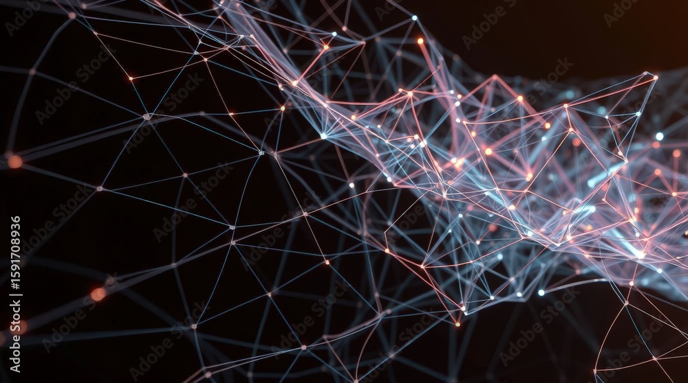 Poster network of interconnected nodes and lines illustrating data flow in abstract design at night