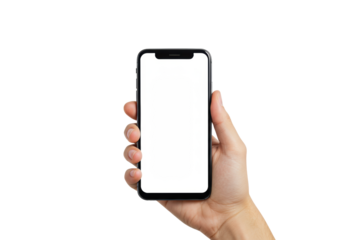 Adult hand with light skin holding a sleek black smartphone with blank white screen and Dynamic Island, isolated on clean white background with copy space, concept for mobile application display