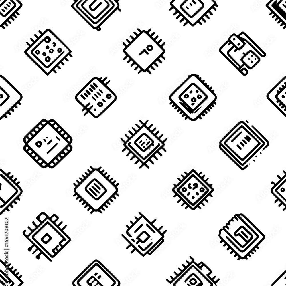 Poster seamless pattern of stylized computer chips and microprocessors on a white background tech theme off