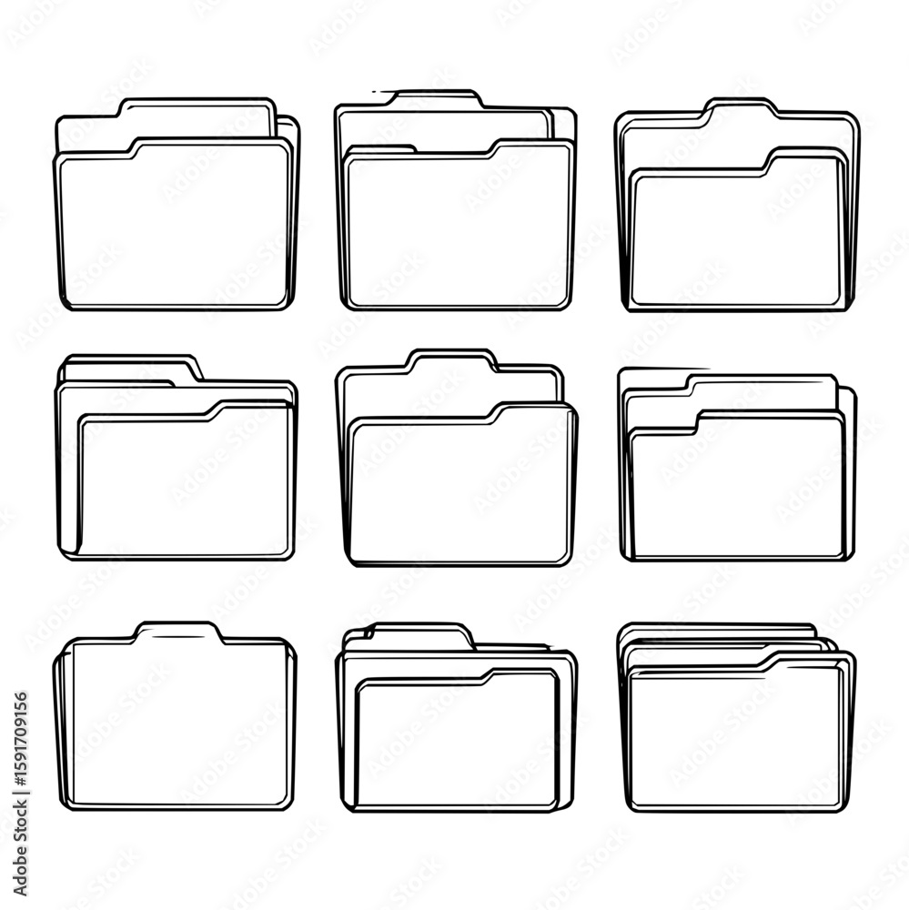 Poster collection of nine outlined folder icons representing data storage and file management in technology