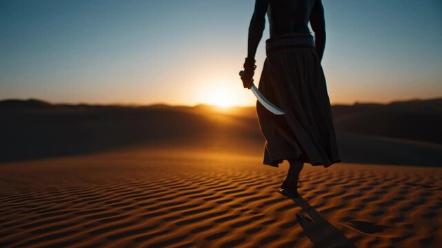 Lone nomadic warrior traverses desert landscape during sunset with sword in hand