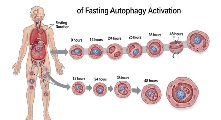 Cellular autophagy activation process in human body illustrated by time duration during fasting