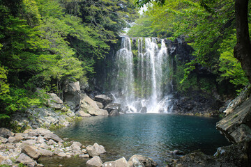 Front view of Cheonjeyeon Waterfall cascading into a clear blue pool, surrounded by lush green forest and rocks, Jeju Island, South Korea.