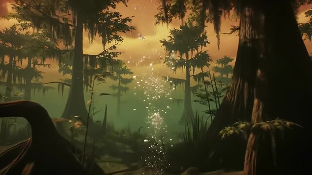 Animated forward movement through a mysterious foggy swamp landscape with murky green water and atmospheric lighting