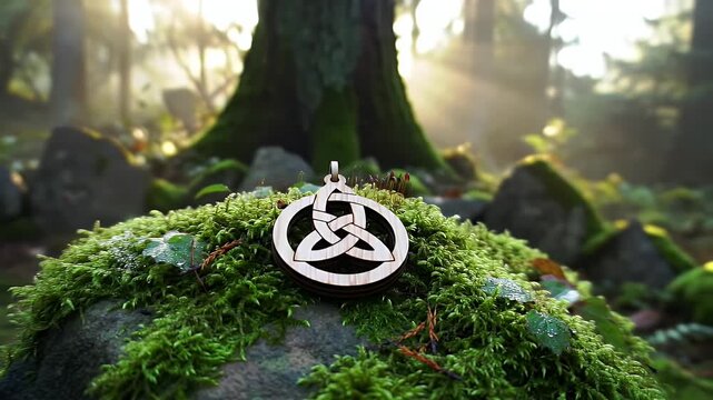 Ancient Wooden Celtic Triquetra Amulet in a Sunlit Mossy Forest A Slow Cinematic Reveal of a Spiritual Symbol