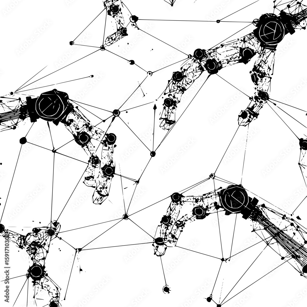 Poster abstract representation of robotic arms connected by a network of lines and nodes in black and white