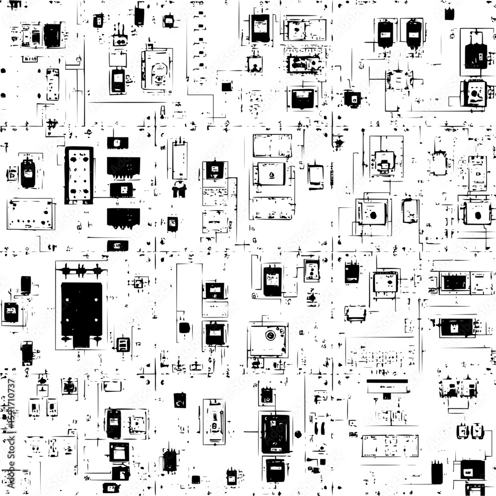 Poster abstract representation of interconnected electronic components and circuit elements in a schematic 