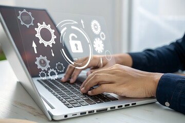 Software update or operating system upgrade concept. Improved functionality in the new version and improved security. Person using laptop with Software update and upgrade technology.