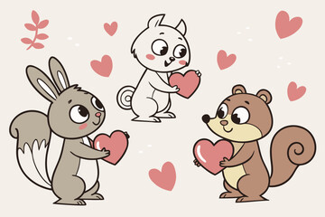 Cute Cartoon Animals Holding Hearts Pattern vector illustration
