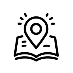 Open book icon with location pin symbolizing travel guide, map navigation, or educational exploration.