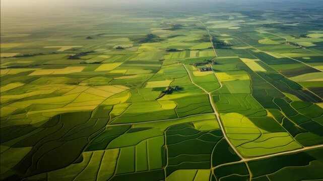 Aerial view of vast, patterned farmland with vibrant green hues, resembling a patchwork quilt. Ideal for a nature-themed video backdrop. Live desktop wallpaper.