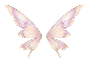Delicate, translucent fairy wings with intricate veining and iridescent lavender, pastel pink, and golden yellow shimmer, gracefully suspended on a transparent background with copy space, perfect